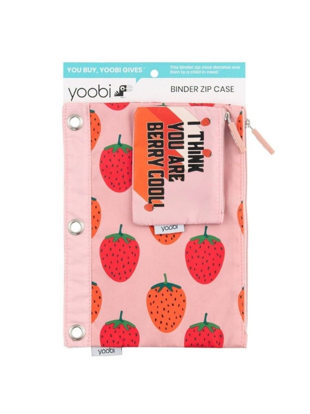 Yoobi Strawberry Print Binder Zip Case With Coin Purse Pink 3-Ring Design